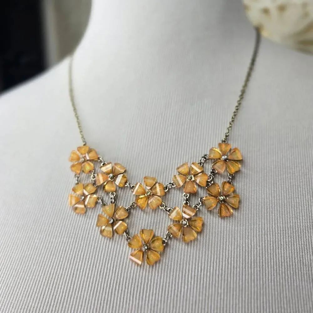Floral Beaded Statement Necklace – Amber Tone Flowers, Silver Chain